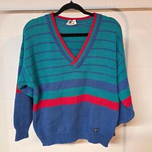 Vintage 80s Runox Striped V Neck Sweater Teal Blue Red Purple Casual  XL Preppy